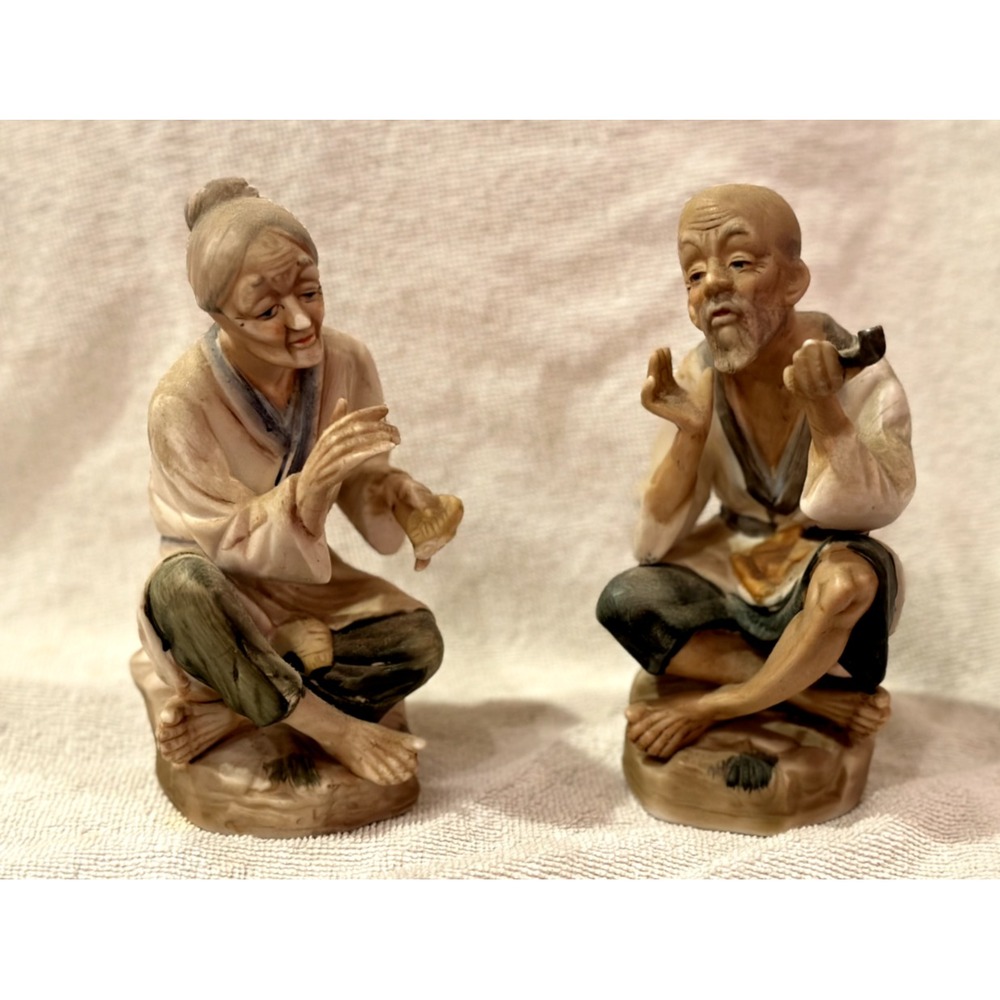Vintage Ardco Hand Painted Japanese Old Man & Old Woman Woman Figurine, 6"
